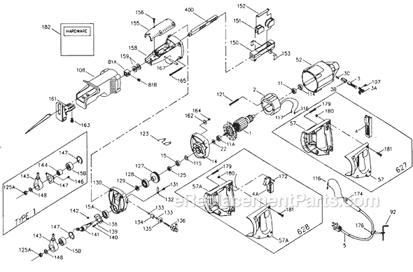 Page A Diagram and Parts List for 627 Type 2 Porter Cable Reciprocating Saw